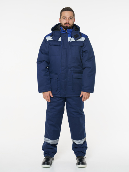 Костюм мужской зимний Кос703 (куртка, полукомбинезон) ткань Твил, цвет темно-синий с васильковым (ЧЗ)